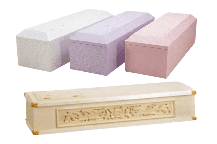 桐平棺のほか、布棺3色（白・紫・ピンク）より選択可