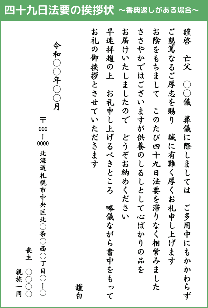 四十九日法要の挨拶状_香典返しがある場合_戒名なし