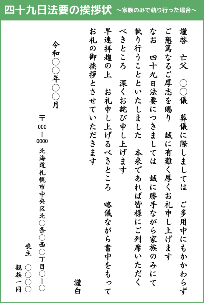 四十九日法要の挨拶状_家族のみで執り行った場合